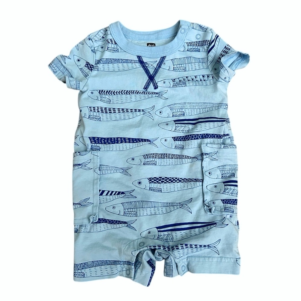 6-9m Tea Collection Blue Fish Romper Shortie Shorts Bodysuit Onesie One Piece 9m